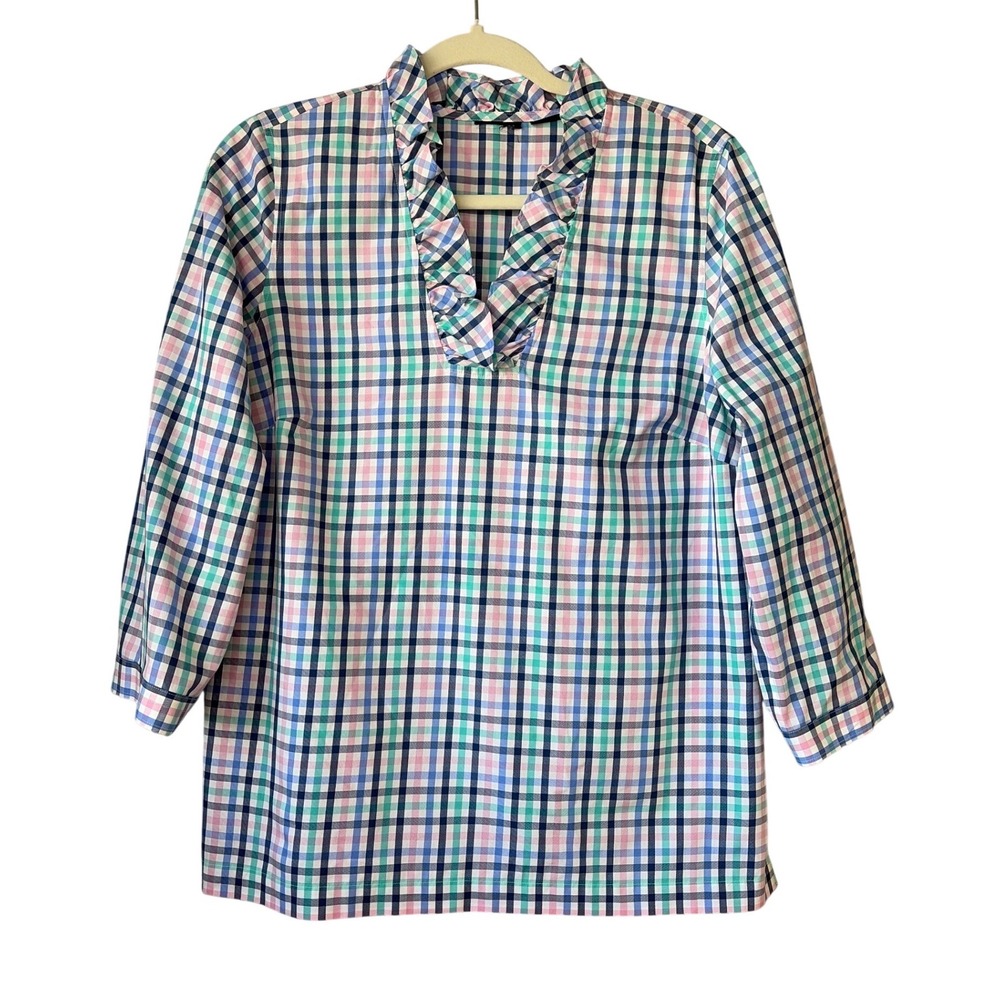 Talbots Womens Non-Iron Gingham Ruffle Neck Tunic Top Blue Pink 3/4 Sleeve Lg